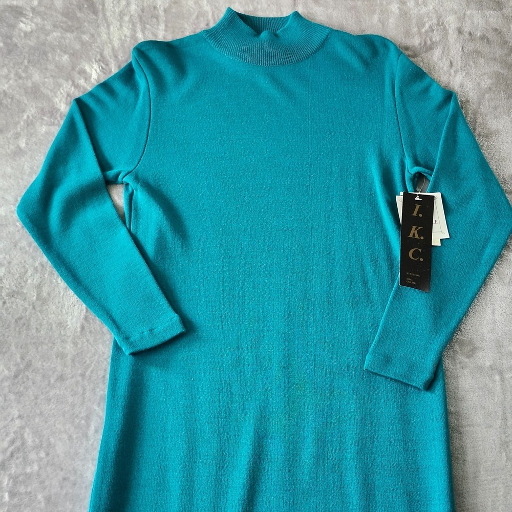 VTG I.K.C. Green Italian Orlandi Wool Blend Mock Neck Knit Sweater Dress M‎ New - Picture 2 of 16